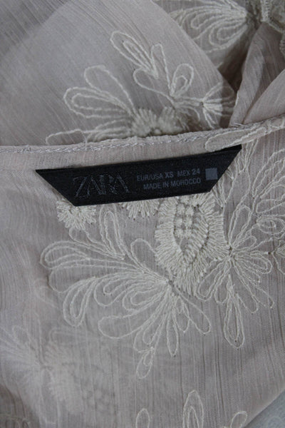 Zara Women Cropped Floral V-Neck Blouse Beige Polyester Short Sleeve Size XS