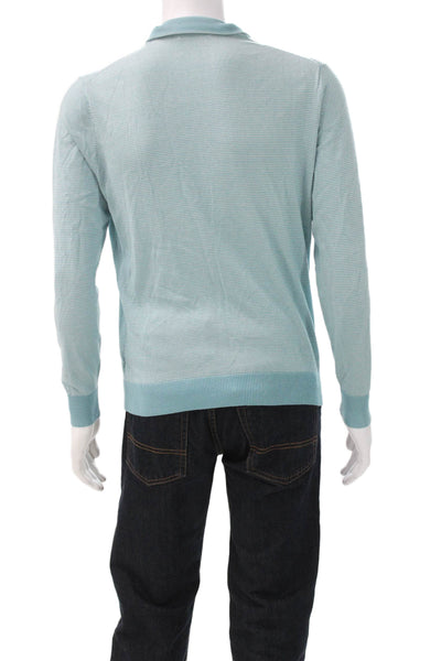 Saks Fifth Avenue Men Collared Pullover Striped Blue Silk Cotton Sweater Size M