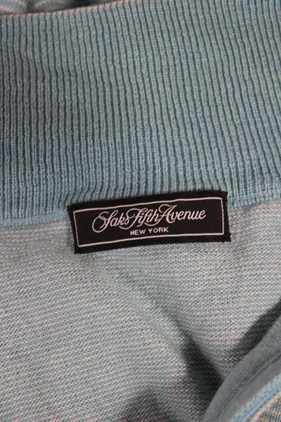 Saks Fifth Avenue Men Collared Pullover Striped Blue Silk Cotton Sweater Size M