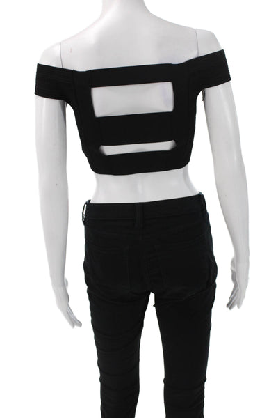 Roland Mouret Womens Cropped Off Shoulder Black Blouse Short Sleeve Size XS