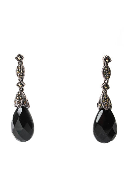 Designer Womens 925 Silver Onyx + Marcasite Accent Drop Earrings