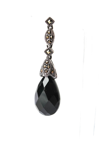 Designer Womens 925 Silver Onyx + Marcasite Accent Drop Earrings