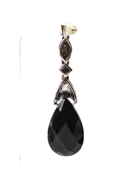 Designer Womens 925 Silver Onyx + Marcasite Accent Drop Earrings