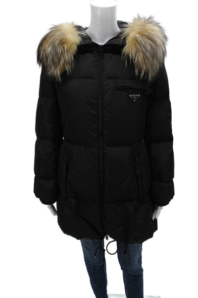 Prada Women Puffer Jacket Black Polyester Snap Long Sleeve Size 46