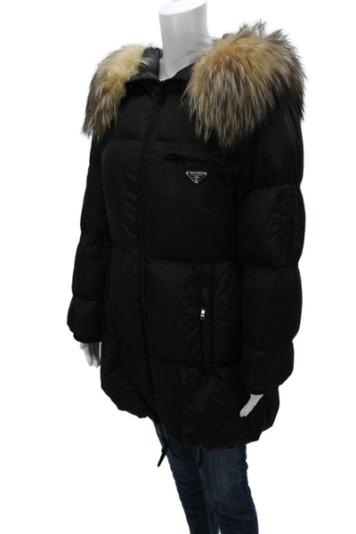 Prada Women Puffer Jacket Black Polyester Snap Long Sleeve Size 46
