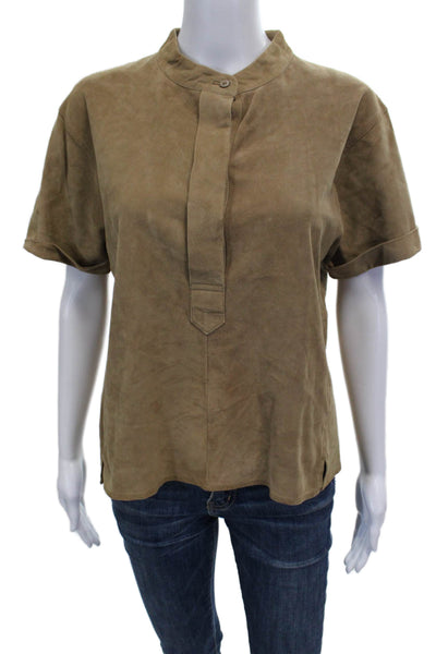Closed Women Basic Brown Goat Skin Collared Short Sleeve Blouse Size M