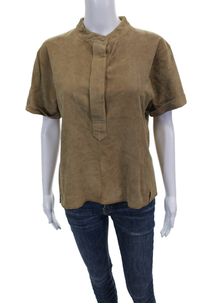 Closed Women Basic Brown Goat Skin Collared Short Sleeve Blouse Size M
