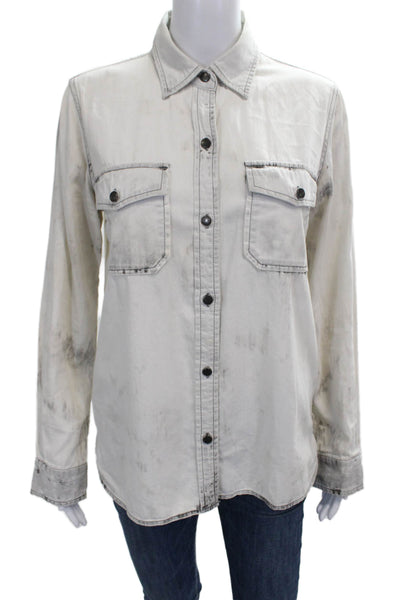 Current/Elliott Women Collared Cotton Button Up Shirt White Distressed Size 2