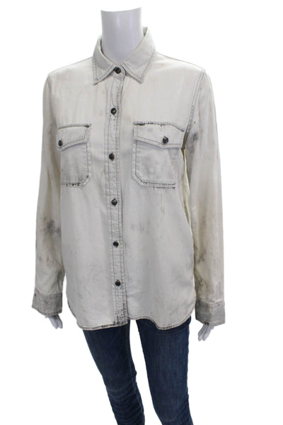 Current/Elliott Women Collared Cotton Button Up Shirt White Distressed Size 2