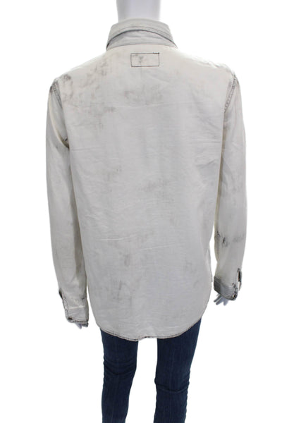 Current/Elliott Women Collared Cotton Button Up Shirt White Distressed Size 2