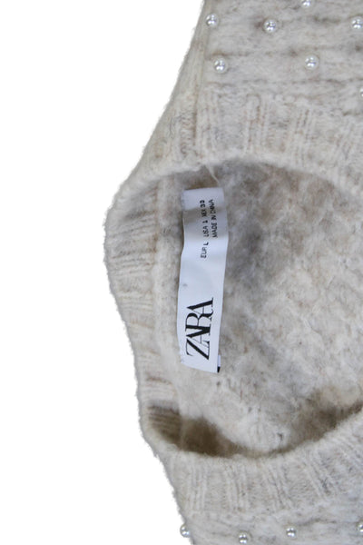 Zara Women Beige Pullover Sweater Crew Neck Long Sleeve Size L