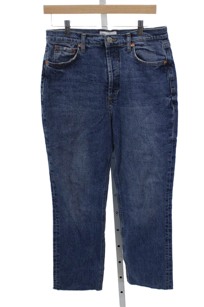 Zara Women Straight Jeans Blue High Waist Denim Button Inseam 24 Size 10