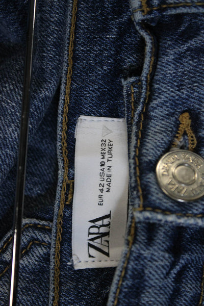 Zara Women Straight Jeans Blue High Waist Denim Button Inseam 24 Size 10