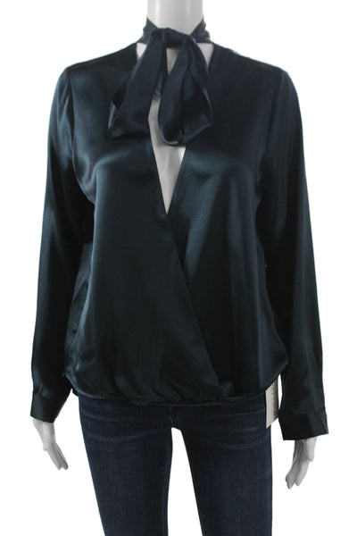 Michelle Mason Womens Silk V-Neck Long Sleeve Basic Blouse Blue Size 6