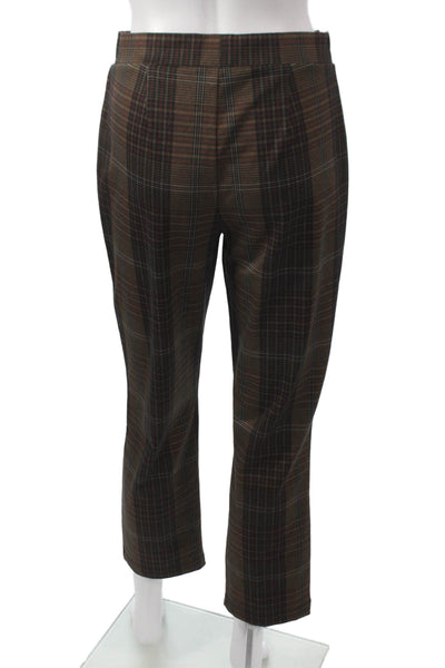 Anthropologie Women Cropped Plaid Pants Brown Pull On Size M