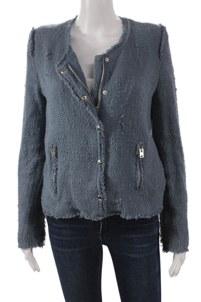 IRO Women Motorcycle Jacket Blue 100% Cotton Snap Closure Size 40