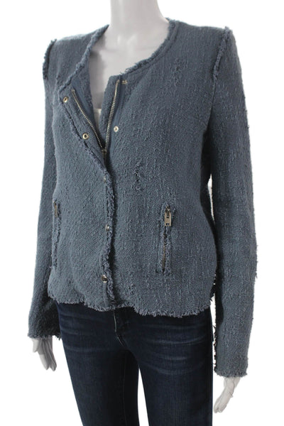 IRO Women Motorcycle Jacket Blue 100% Cotton Snap Closure Size 40