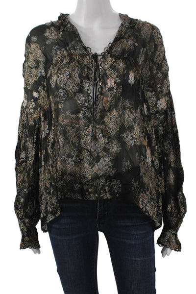 IRO Women Tunic Multicolor Paisley V-Neck Lace Up Viscose Long Sleeve Size 36