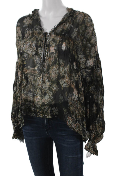 IRO Women Tunic Multicolor Paisley V-Neck Lace Up Viscose Long Sleeve Size 36