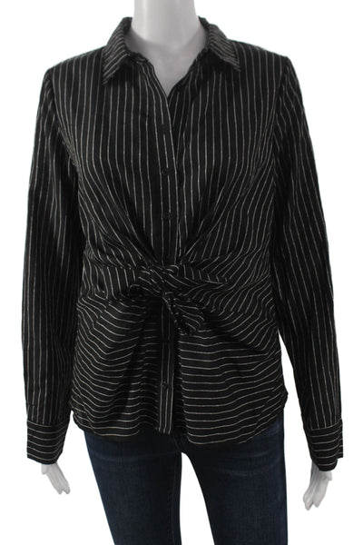 Farrow Women Button-Up Collared Striped Rayon Long Sleeve Black Size S