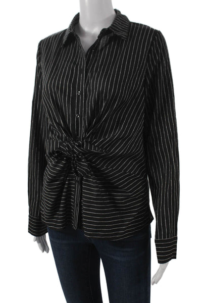 Farrow Women Button-Up Collared Striped Rayon Long Sleeve Black Size S