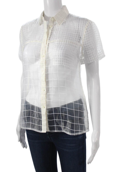 J Crew Womens White Checked Collared Button Up Short Sleeve Size 2