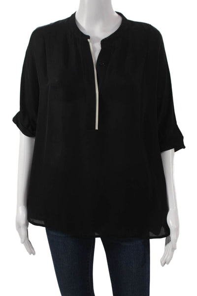Vince Womens Basic Silk Henley Short Sleeve Blouse Black Size S