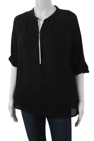 Vince Womens Basic Silk Henley Short Sleeve Blouse Black Size S