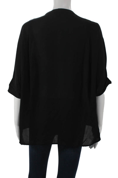 Vince Womens Basic Silk Henley Short Sleeve Blouse Black Size S