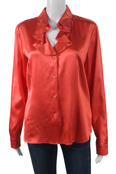 Lafayette 148 New York Women Silk Red Collared Button Long Sleeve Blouse Size 8
