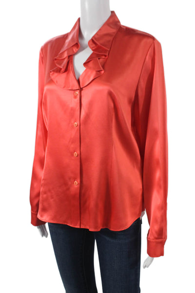 Lafayette 148 New York Women Silk Red Collared Button Long Sleeve Blouse Size 8
