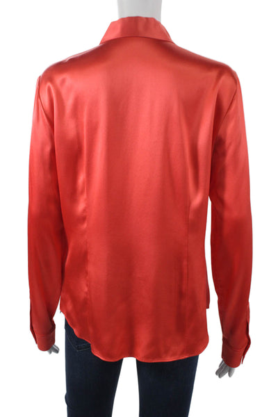 Lafayette 148 New York Women Silk Red Collared Button Long Sleeve Blouse Size 8
