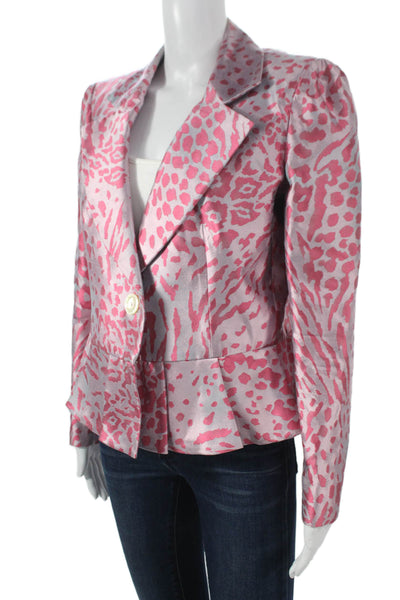 Armani Collezioni Women Basic Jacket Silk Animal Print Pink Long Sleeve Size 14