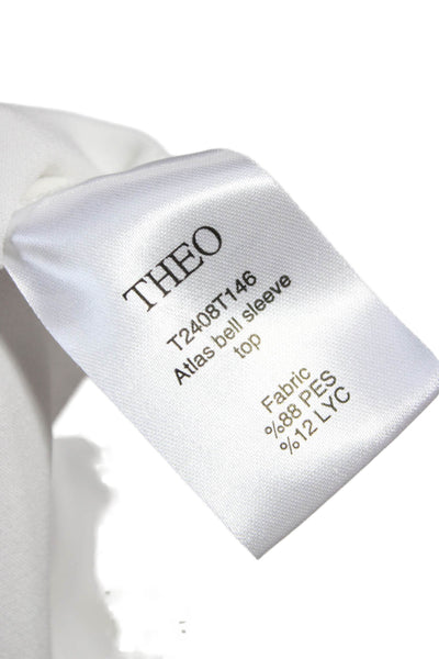 Theo Women Basic White Long Sleeve Round Neck Blouse Size L