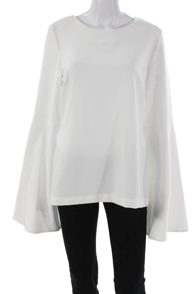 Theo Womens Basic Blouse White Long Sleeve Round Neck 88% Polyester Size XL
