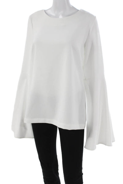 Theo Womens Basic Blouse White Long Sleeve Round Neck 88% Polyester Size XL