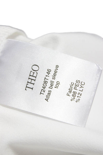 Theo Womens Basic Blouse White Long Sleeve Round Neck 88% Polyester Size XL