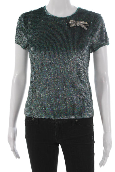 Emily Shalant Women Basic Green Crew Neck Short Sleeve T-Shirt Nylon Size S