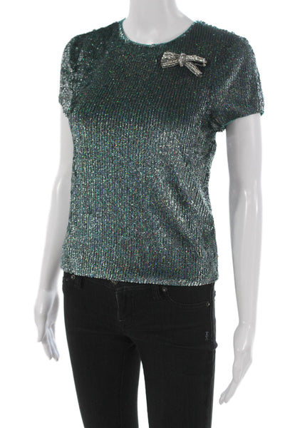 Emily Shalant Women Basic Green Crew Neck Short Sleeve T-Shirt Nylon Size S