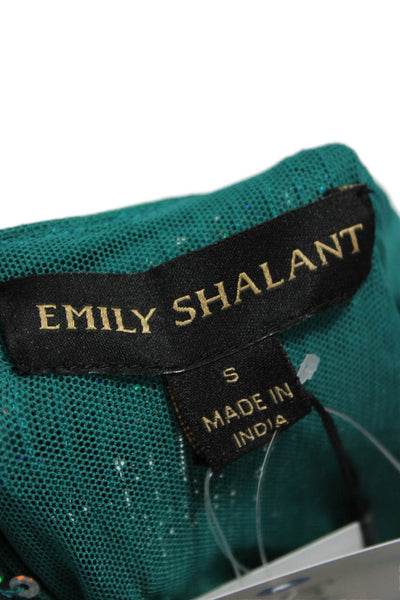Emily Shalant Women Basic Green Crew Neck Short Sleeve T-Shirt Nylon Size S