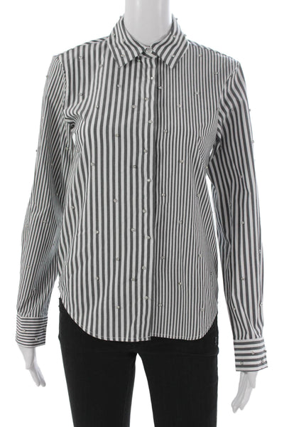 Theo Womens Striped Collared Button Up Long Sleeve Top Black Size S