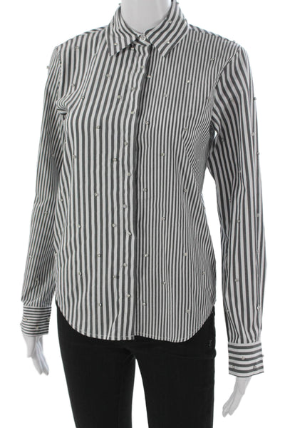 Theo Womens Striped Collared Button Up Long Sleeve Top Black Size S