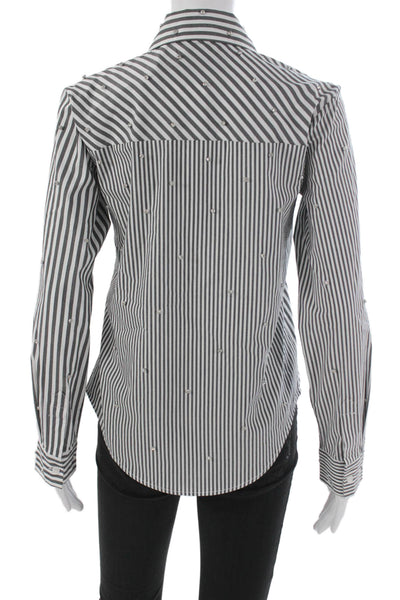 Theo Womens Striped Collared Button Up Long Sleeve Top Black Size S