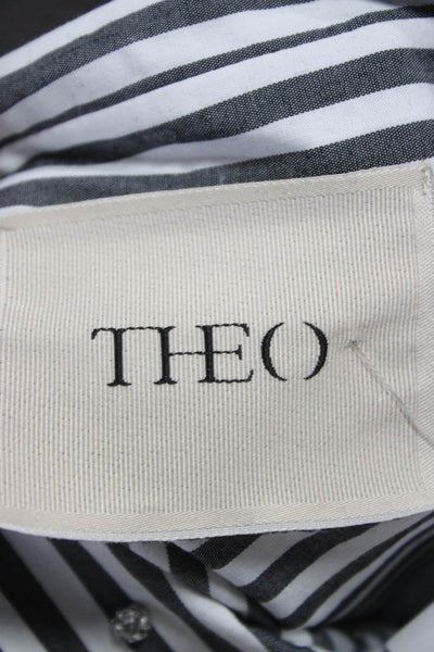 Theo Womens Striped Collared Button Up Long Sleeve Top Black Size S