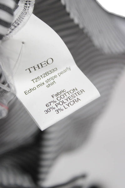 Theo Womens Striped Collared Button Up Long Sleeve Top Black Size S