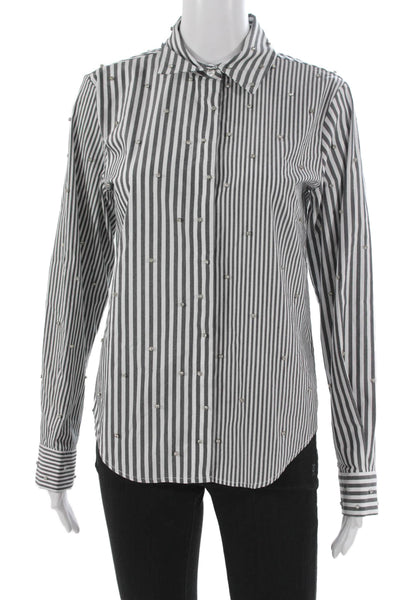 Theo Women Basic Striped Collared Button-Up Black Long Sleeve Cotton Size M