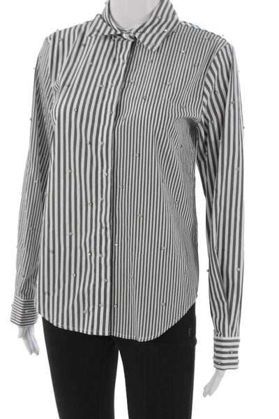 Theo Women Basic Striped Collared Button-Up Black Long Sleeve Cotton Size M