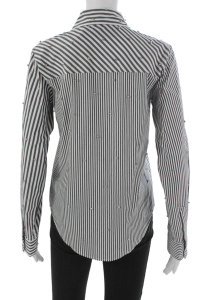 Theo Women Basic Striped Collared Button-Up Black Long Sleeve Cotton Size M