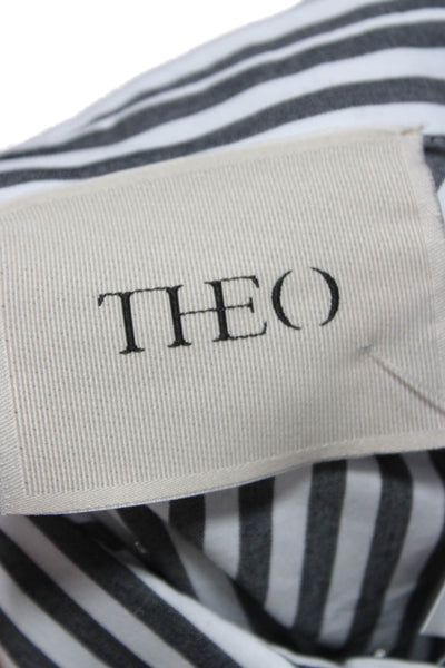 Theo Women Basic Striped Collared Button-Up Black Long Sleeve Cotton Size M