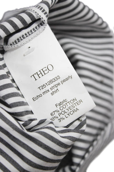 Theo Women Basic Striped Collared Button-Up Black Long Sleeve Cotton Size M